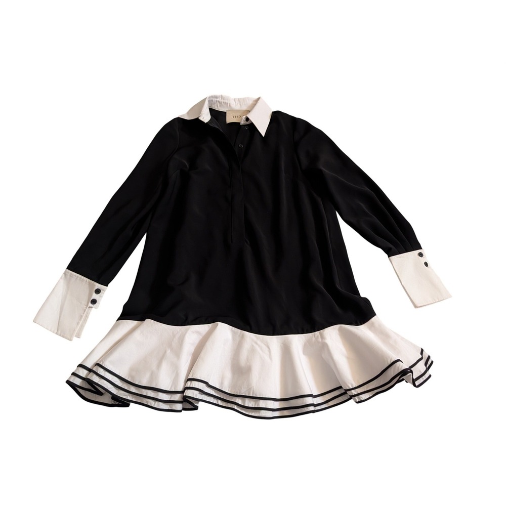 Theo the label Idalia Black White Ruffle Hem Shirt Dress Long Sleeve Collared XS